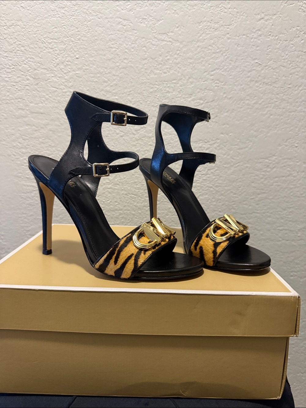Black & Tiger-Print Leather High Heel Sandals with Gold Hardware - Picture 2 of 6